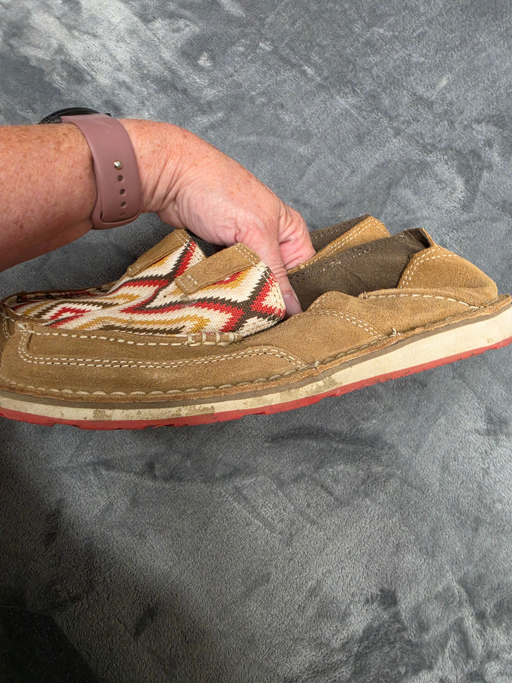 Ariat Handwoven Pattern Slip On Shoes Tan Suede Red Sole - Picture 5 of 5